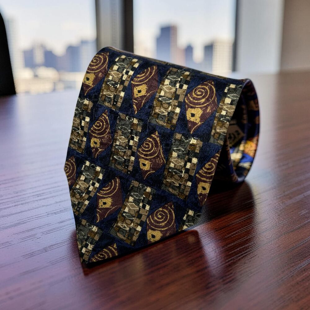 Ermenegildo Zegna Tie Silk Blue Burgundy Gold Geometric Abstract 58.25" x 3.75"